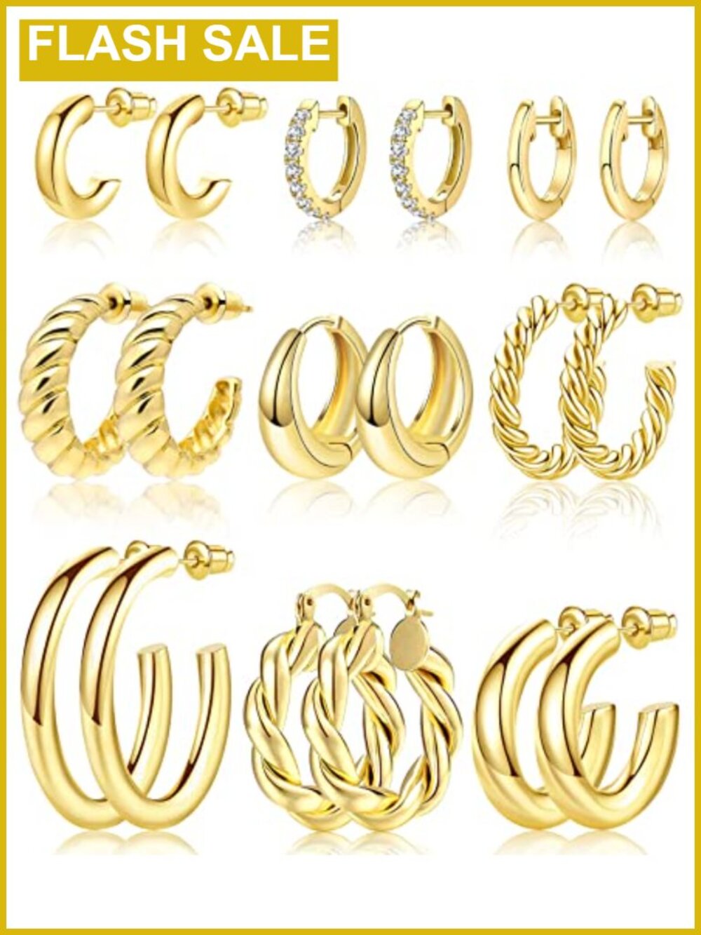 9 Pairs Gold Hoop Earrings Set 14K Gold Plated Twisted Huggie Hoops
